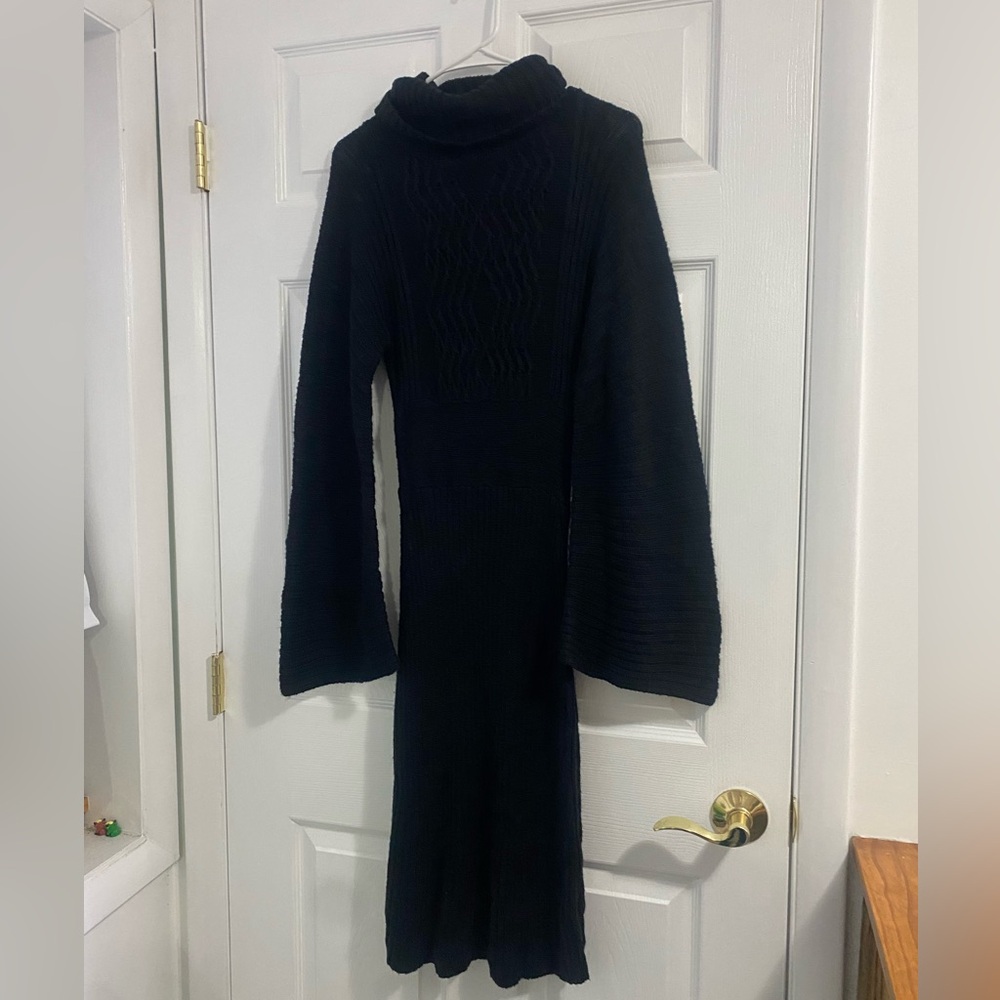 Cache vintage wool blend witchy goth black turtleneck winter chic midi dress - Picture 8 of 8
